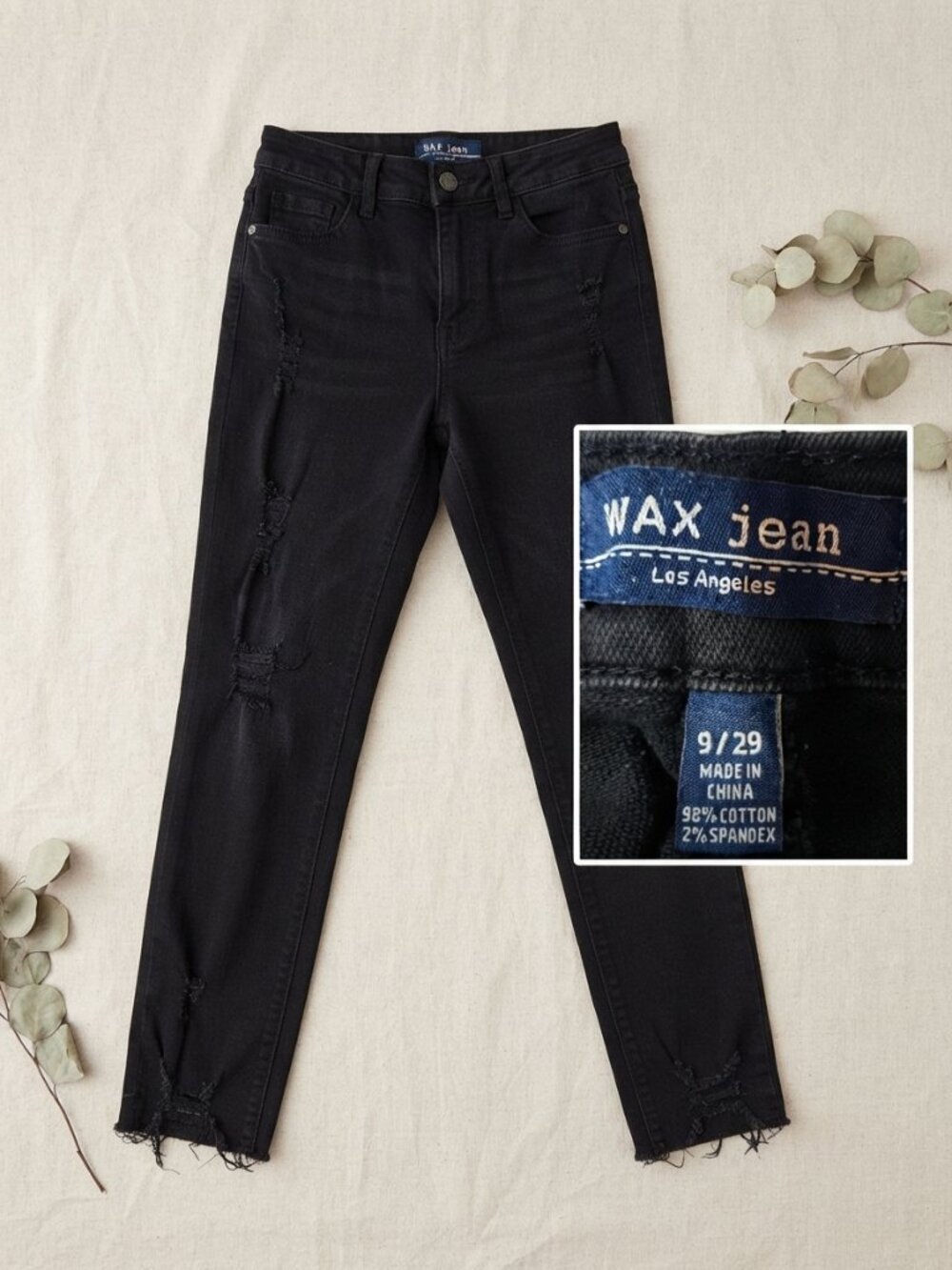 WAX Jean Los Angeles Black Ripped Denim Skinny Jeans Size 9 (29)